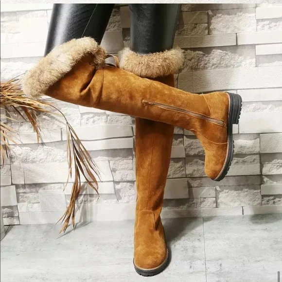 Brown Vegan Suede Faux Fur Lined Over The Knee Knee High Zip Boots - Picture 3 of 8